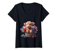 Womens Highland Cow American Flag Patriotic Animal Lover Heifer V-Neck T-Shirt