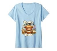 Women's Highland Cow Books Before Bulls Funny Reading Lovers Farming V-Neck T-Shirt