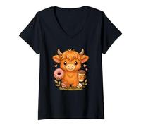 Womens Highland Cow Coffee Donut Lover V-Neck T-Shirt