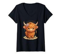 Womens Highland Cow Cute Art Scottish Highland Cattle Flowers V-Neck T-Shirt