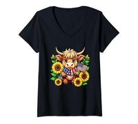 Womens Highland Cow Flowers 4th Of July US Flag Patriotic Farmer V-Neck T-Shirt