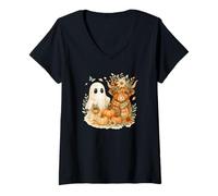 Womens Highland Cow & Ghost Pumpkin Patch Watercolor Halloween V-Neck T-Shirt