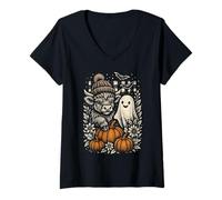 Womens Highland Cow Halloween Pumpkin Ghost Folk Art Scottish V-Neck T-Shirt