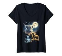 Women's Highland Cow Howling to The Moon Meme Funny 90's Graphic V-Neck T-Shirt