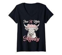 Womens Highland Cow Just A Little Moody Funny Farm Farmer Gifts V-Neck T-Shirt