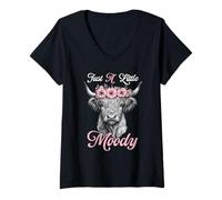 Womens Highland Cow Just A Little Moody Funny Farm Farmer V-Neck T-Shirt