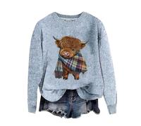 Women's Highland Cow Knit Sweatshirt Crew Neck Long Sleeve Pullover Cute Plaid Scarf Cow Print Jumper Loose Casual Christmas Animal graphic Top Comfortable Soft Daily Wear for Women