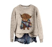 Women's Highland Cow Sweatshirt Crew Neck Long Sleeve Pullover Cute Plaid Scarf Cow Print Jumper Loose Casual Christmas Animal graphic Top Comfortable Soft Daily Wear for Women