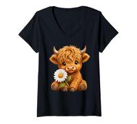 Women's Highland Cow with Daisy Flower V-Neck T-Shirt