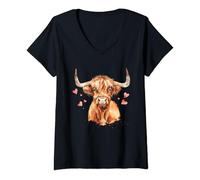 Womens Highland Cow With Hearts V-Neck T-Shirt