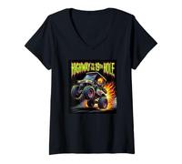 Women's Highway to the 19th Hole Golf Cart Flaming Skull Golfing V-Neck T-Shirt