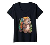 Women's Hiking Beaver Backpacking Animals Funny Cartoon Castor V-Neck T-Shirt