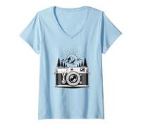 Womens Hiking Hiker Mountains Photographer Camera Photo V-Neck T-Shirt
