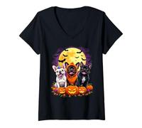 Womens Hilarious French Bulldog Halloween Dog Trio Pumpkin Moon V-Neck T-Shirt