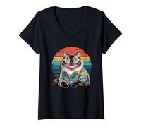 Womens Himalayan Cat Sunglasses Hawaiian Beach Summer V-Neck T-Shirt