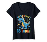 Women's Hip Hip Hooray 18 Today Dinosaur 18th Birthday V-Neck T-Shirt