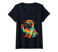 Womens Hippie Pug Dog Showing The Peace Sign V-Neck T-Shirt