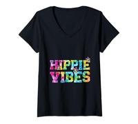 Womens Hippie Vibes Shirt Tie Dye Peace 60s Retro Rainbow Graphic V-Neck T-Shirt