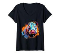 Women's Hippo Portrait Colourful Artwork Hippopotamus Nature Splash V-Neck T-Shirt