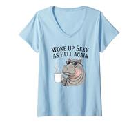Women's Hippo Woke Up Sexy As Hell Again Funny Coffee V-Neck T-Shirt
