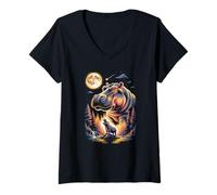 Women's Hippopotamus Under Full Moon Night Forest V-Neck T-Shirt