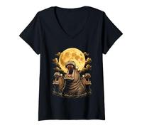 Women's Hippos Howling at The Moon Hippo Vintage Graphic V-Neck T-Shirt