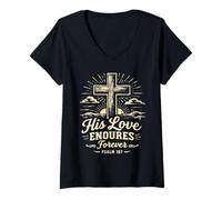 Women's His Love Endures Forever Christian | Bible Verse Religion V-Neck T-Shirt