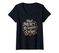 Womens His Mercy Rewrote My Story | Inspirational Christian V-Neck T-Shirt