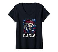 Womens His Way Leads Home Christian Inspiration Jesus Art Design V-Neck T-Shirt