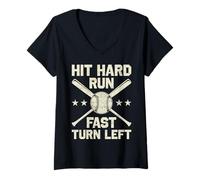 Women's Hit Hard Run Fast Turn Left Funny Baseball V-Neck T-Shirt