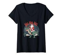 Womens Ho Ho Ho Santa Riding Dinosaur Christmas Fun Tee V-Neck T-Shirt