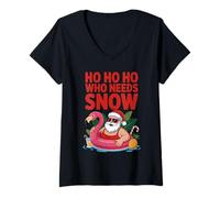 Womens Ho Ho Ho Who Needs Snow Santa Pool Flamingo Summer Holiday V-Neck T-Shirt