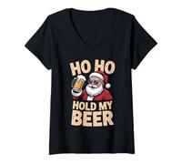Womens Ho Ho Hold My Beer Funny Santa Sunglasses Christmas Drinking V-Neck T-Shirt