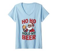Womens Ho Ho Hold My Beer Funny Santa Sunglasses Christmas Drinking V-Neck T-Shirt
