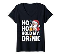 Womens Ho Ho Hold My Drink Christmas Santa Party Humor V-Neck T-Shirt