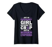Womens Hodgkin Lymphoma Awareness Purple Ribbon Lymphoma Cancer V-Neck T-Shirt