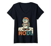 Women's HODL Penguin Astronaut Moon Crypto Retro Cartoon V-Neck T-Shirt