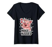 Womens Hogs and Kisses Cute Cartoon Pig V-Neck T-Shirt