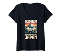 Womens Hokkaido Japan Deer Vintage Travel Kawaii Kanji Souvenir V-Neck T-Shirt