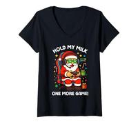 Womens Hold My Milk One More Game Funny Santa Gamer Christmas V-Neck T-Shirt