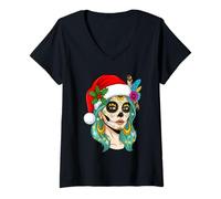 Womens Holiday Beauty Woman Santa Lights Winter Vibe Christmas Art V-Neck T-Shirt