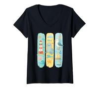 Womens Holiday by The Sea Beach Chair Lighthouse Seagull Coast V-Neck T-Shirt