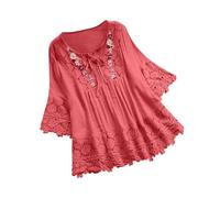 Womens Holiday Clothes Blouses for Women UK Elegant Lace Linen 3/4 Sleeve Crewneck Oversized T Shirts Summer Casual Boho Embroidered Going Out Party Beach Tops Watermelon Red XXL