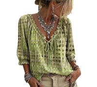 Womens Holiday Clothes, Boho Workout Adjustable Oversized Tie Front Summer 3/4 Sleeve Vintage V Neck Basic Flowy Spot Print Plus Size T Shirts for Women, Ruffle Smart Summer Tops, L Light Green