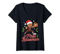 Womens Holiday Gingerbread The First Baseman Xmas Baseball V-Neck T-Shirt