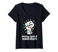 Womens Holiday Lights and Equal Rights Christmas Human Rights V-Neck T-Shirt