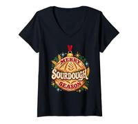 Women's Holiday Loops Merrily Made Christmas Crochet Wreath V-Neck T-Shirt