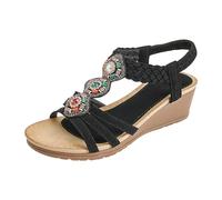 Womens Holiday Sandals Ethnic Boho Wedge Sandals For Women Open Toe Elastic Ankle Strap Heels Beaded Summer Casual Dress Shoes (6)