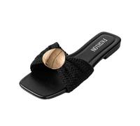 Womens Holiday Sandals Women's Square Toe Flat Thin Soled Slip Sandals With Metallic Round Toe Decoration Lightweight Design Wide Strap And Open Heel (B, 3.5)
