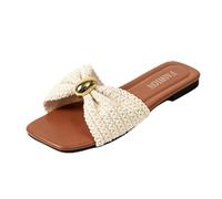 Womens Holiday Sandals Women's Square Toe Flat Thin Soled Slip Sandals With Metallic Round Toe Decoration Lightweight Design Wide Strap And Open Heel (C, 3.5)